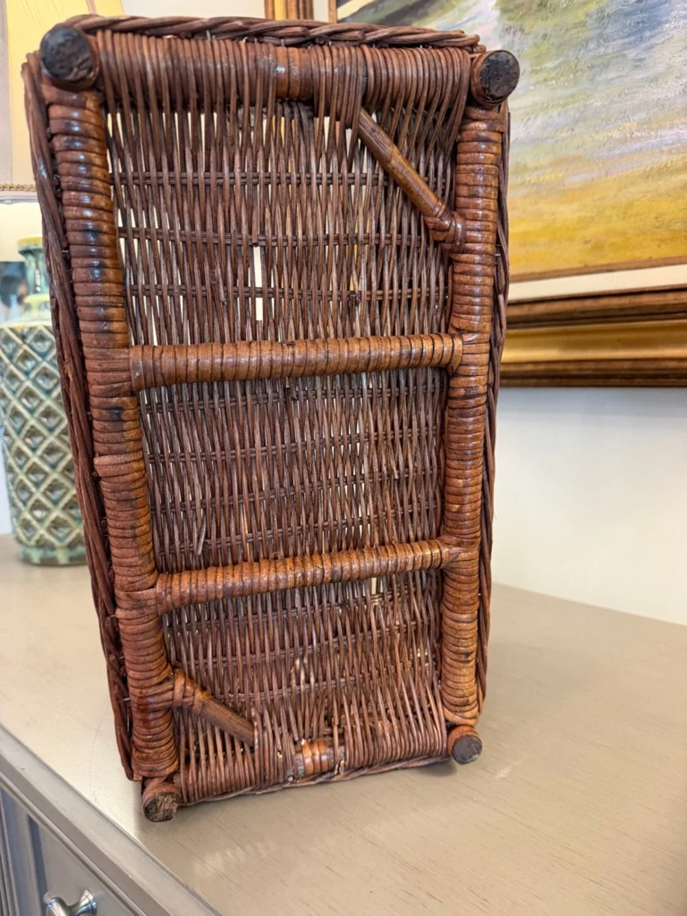Vintage Rattan Magazine Rack Towel Holder Mid-Century Modern Boho Wicker Bamboo